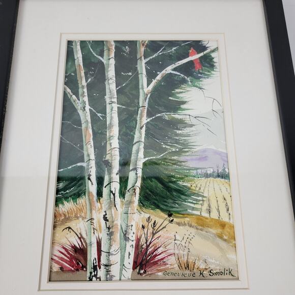 Genevieve K. Smolik Painting #941 Birches Cardinal Signed Hanging Framed Artwork - Picture 12 of 14